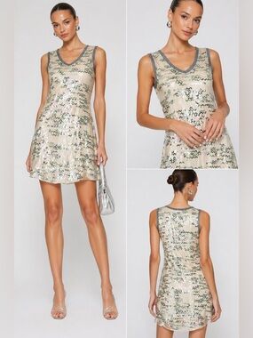 Silk Sequin Mini Dress Ivory Green Abstract Embellished Shift